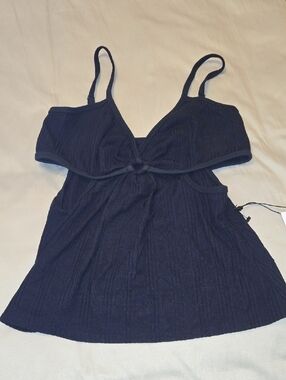 Bailwy 44 Navy Ribbed Knit Tank with Front Knot And Side Cut Outs